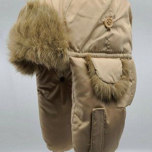 💕 Quilted Nylon Aviator Trapper Hat with Rabbit Fur Trim * Camel Brown * NWT